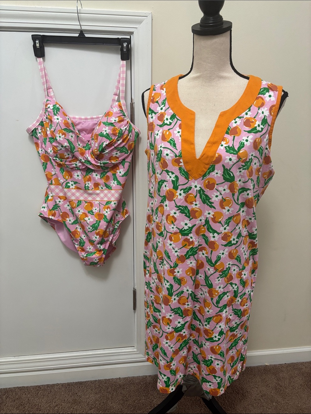 Lands End Draper James Pink Floral Swimsuit & Sleeveless Coverup Dress size 14/L